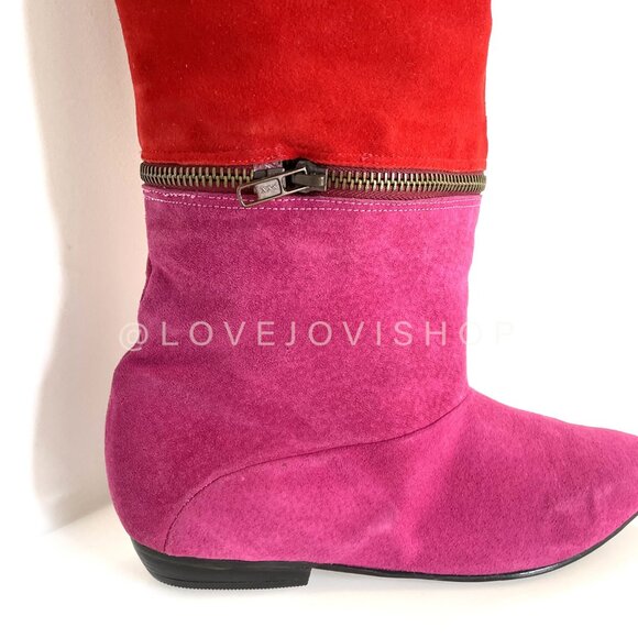 Vintage 80s | Maximalist Tiered Suede Thigh High to Ankle Boots Pink Fuchsia Red - Picture 15 of 16